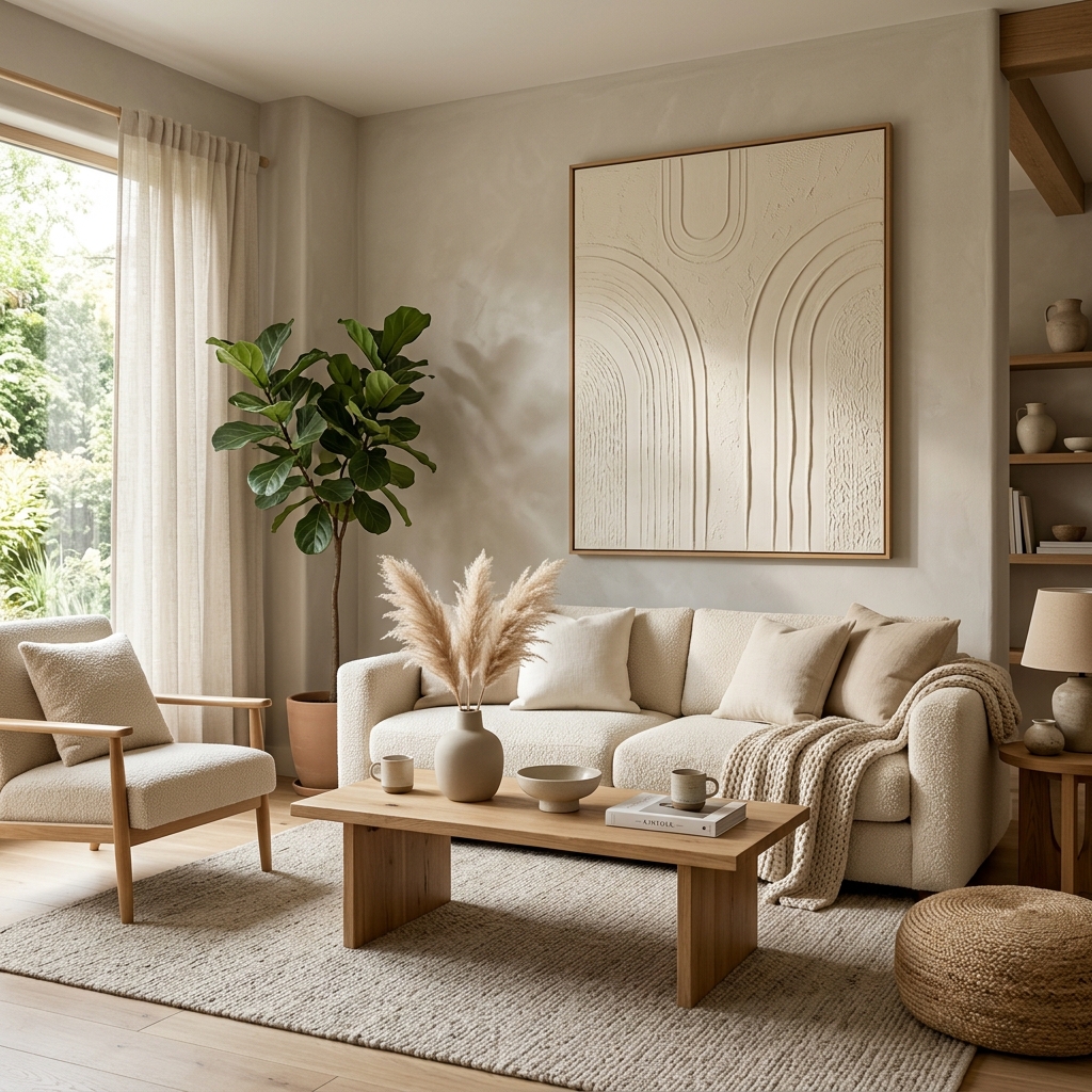 Serene Japandi and Organic Modern living room with cream bouclé sofa, raw oak coffee table with dried pampas grass, and large 3D warm ivory plaster wall artwork on a greige wall