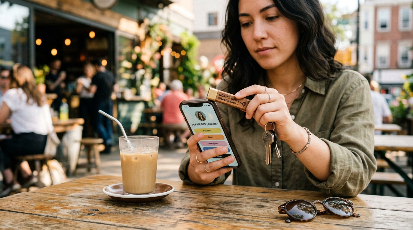 Authentic documentary photograph of freelance creator tapping wooden smart keychain to smartphone at outdoor cafe table