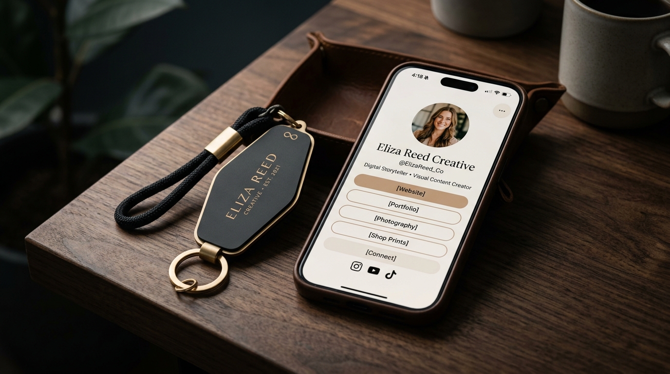Luxury matte black and gold NFC Smart Keychain resting beside an iPhone displaying a high converting bio link page