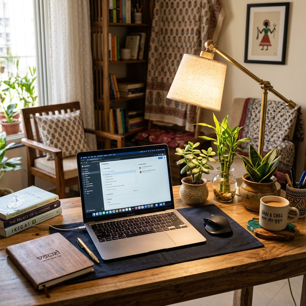 Cozy and aesthetic work-from-home desk setup with compact Jade plant, lucky bamboo, and mini snake plant in modern ceramic pots