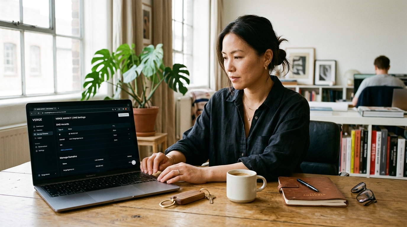 Editorial lifestyle photograph of an agency founder working at an oak desk in a sunlit studio, checking custom DNS domain settings on a laptop beside a handcrafted teakwood NFC smart keychain and ceramic coffee cup