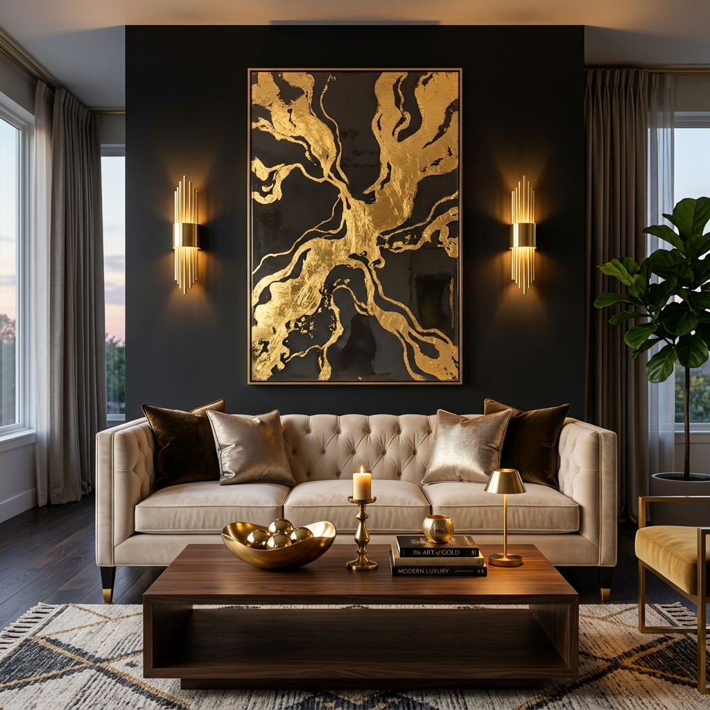 Regal modern living room with deep matte charcoal accent wall, 24K gold leaf epoxy resin artwork, warm brass wall sconces, and a plush beige velvet sofa