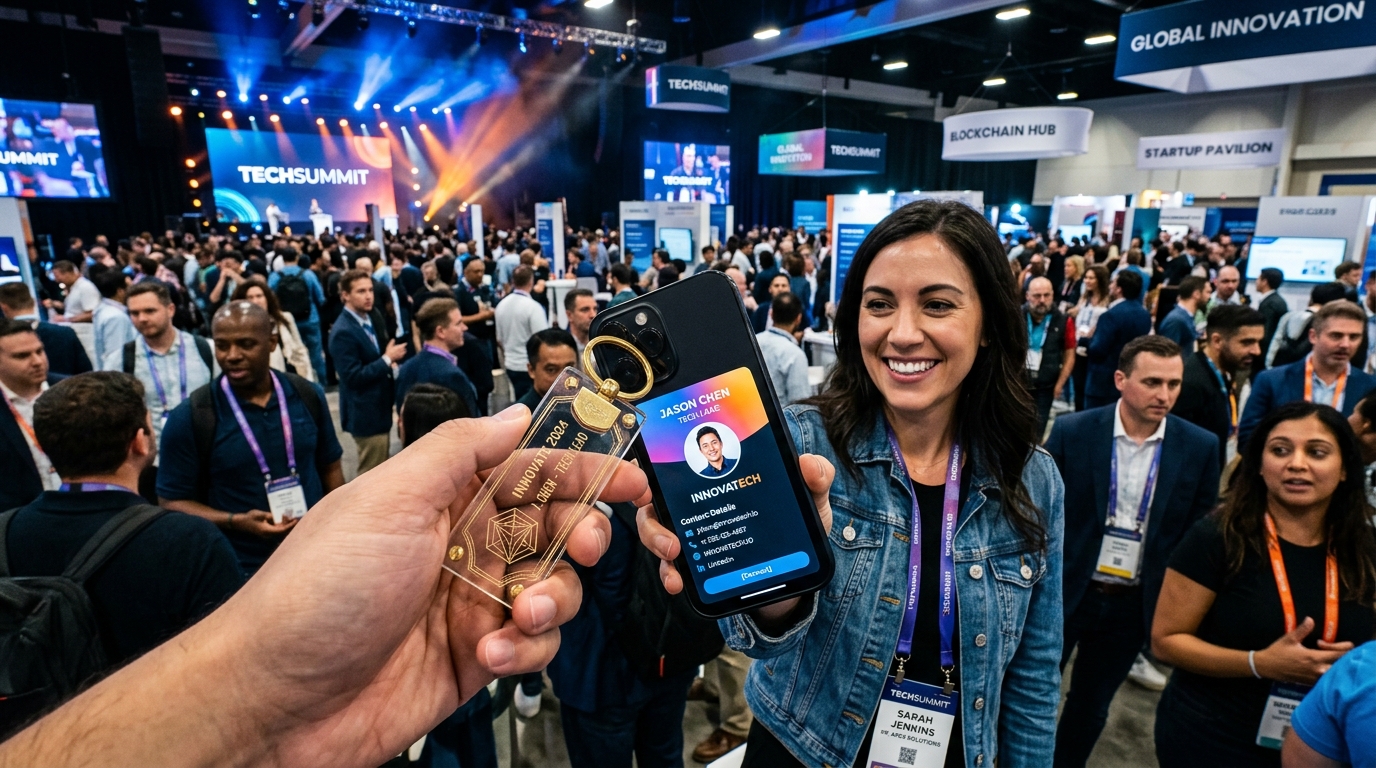Point of view shot of trade show attendee tapping custom laser-engraved Smart Keychain against an iPhone displaying digital vCard profile