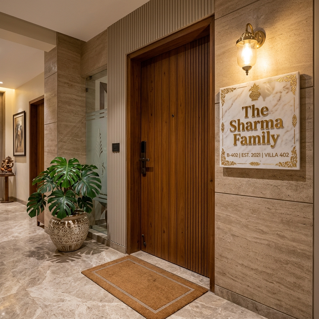 Luxury handcrafted white marble resin custom nameplate with gold leafing and 3D acrylic letters mounted near a teak wood main door