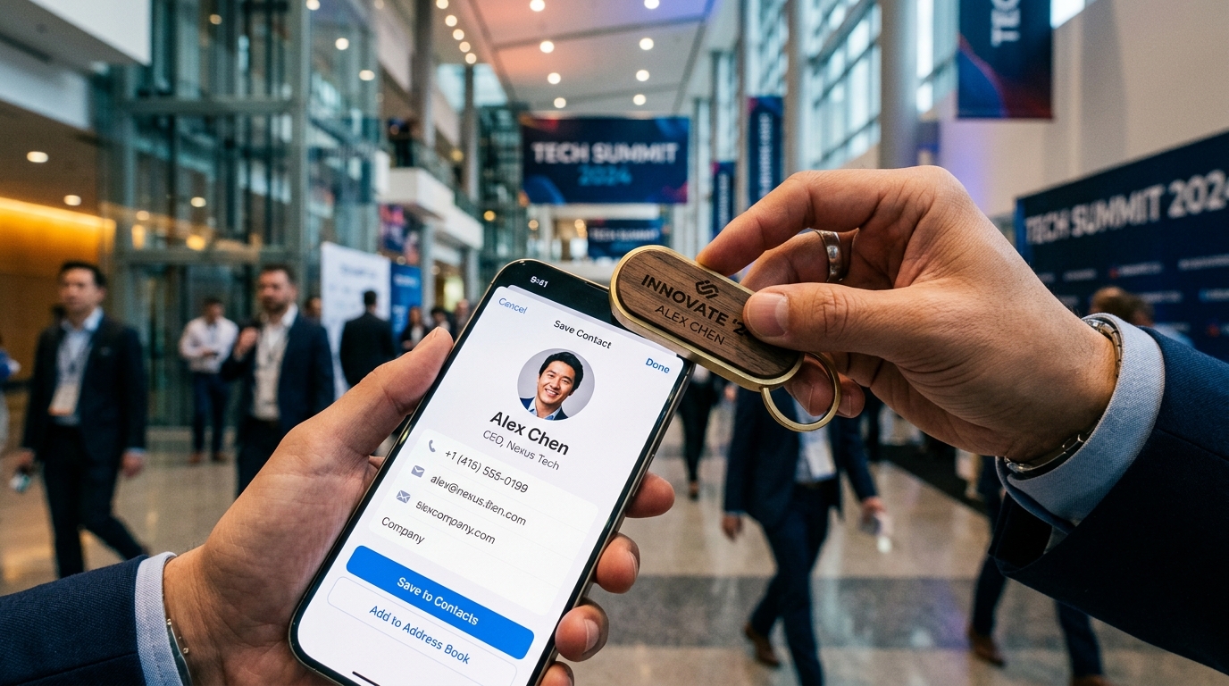 High action photograph of a conference attendee in a glass atrium tapping a wooden Smart Keychain against a smartphone screen displaying an instant vCard contact card with headshot