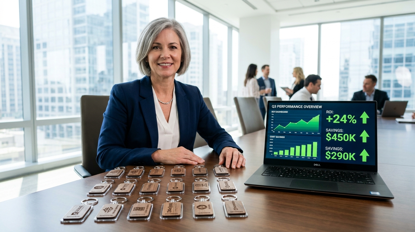 Corporate executive in high-rise boardroom with custom engraved Smart Keychains arranged on table beside a laptop displaying enterprise ROI metrics