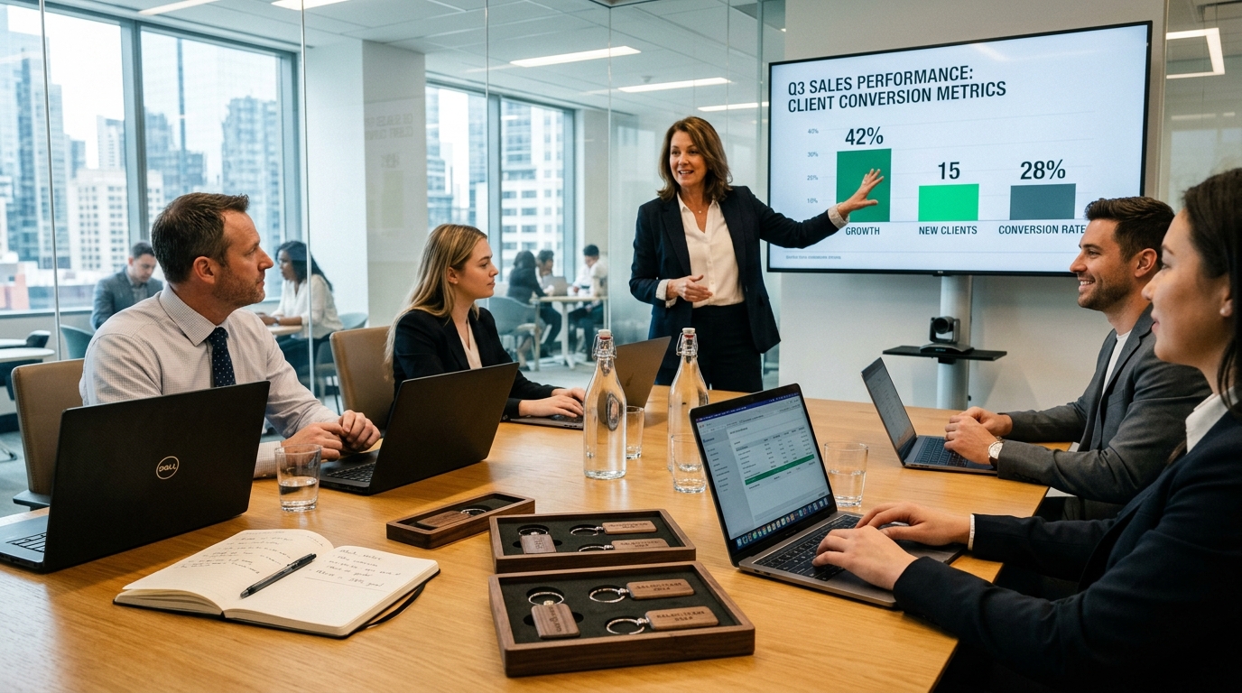 Candid documentary photograph of a corporate sales team strategy meeting in a glass conference room reviewing client conversion metrics on screen with wooden smart keychains on table trays