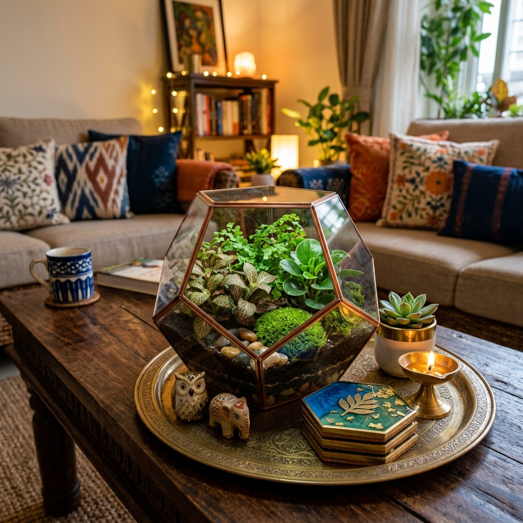 Stunning handcrafted geometric glass terrarium with mini tropical plants and resin coasters on a modern Indian coffee table