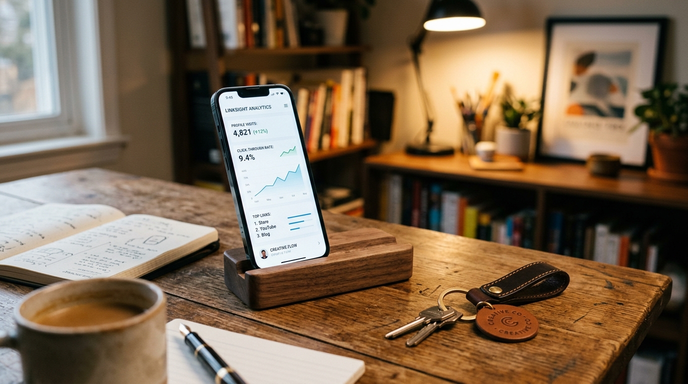 Smartphone displaying high-converting bio link analytics resting in wooden phone dock next to an artisan leather Naqsh Decors Smart Keychain