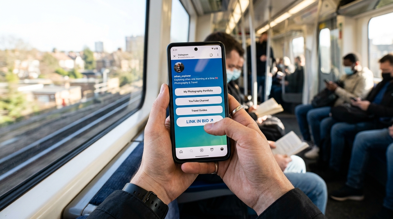Point of view photograph of commuter holding smartphone one-handed on morning train with thumb resting comfortably on lower bio link button