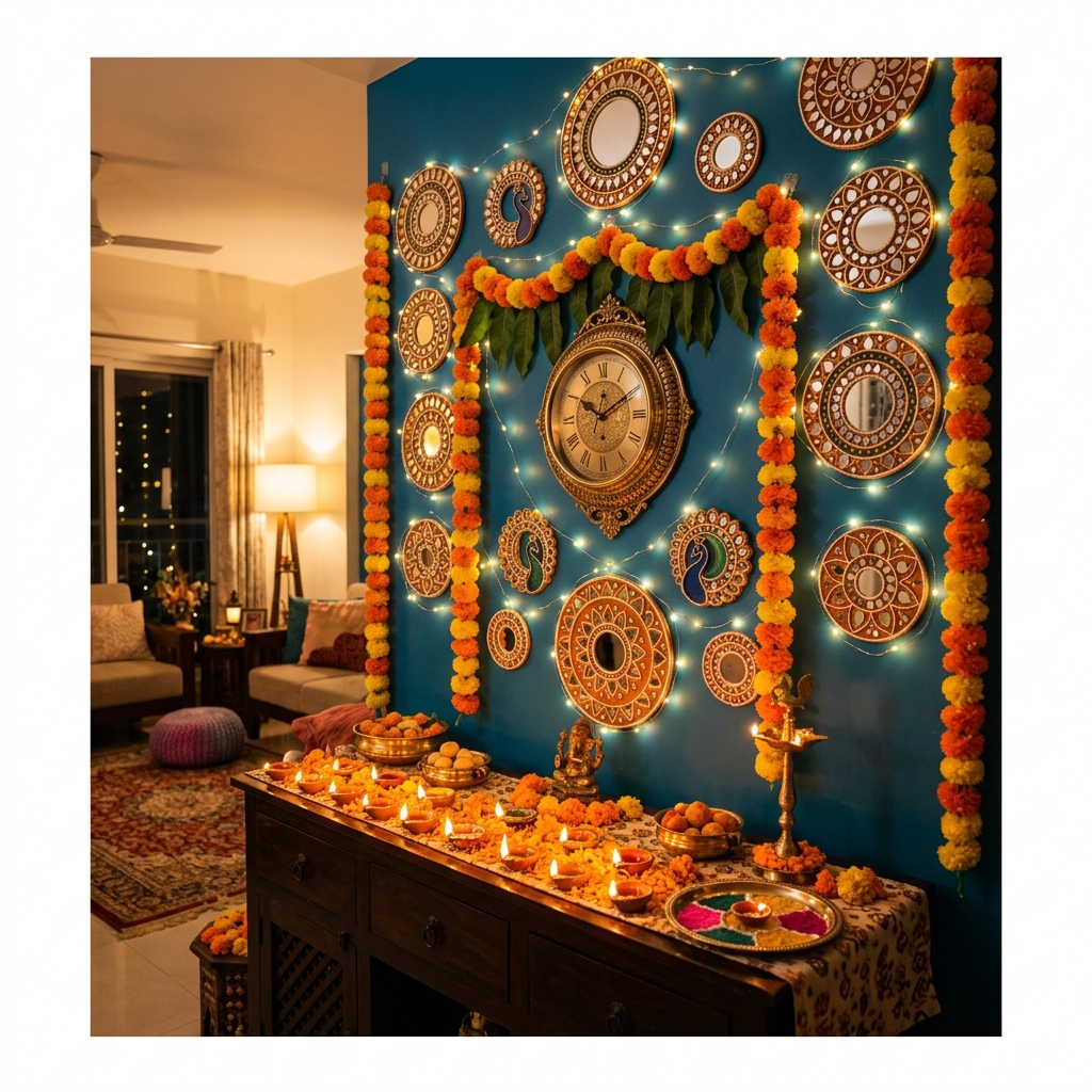 Vibrant Diwali festive Indian living room feature wall transformation featuring warm fairy micro lights woven around handcrafted Lippan mirror medallions, fresh orange marigold floral garlands framing a central brass clock, and warm clay diyas glowing on a dark wood console table