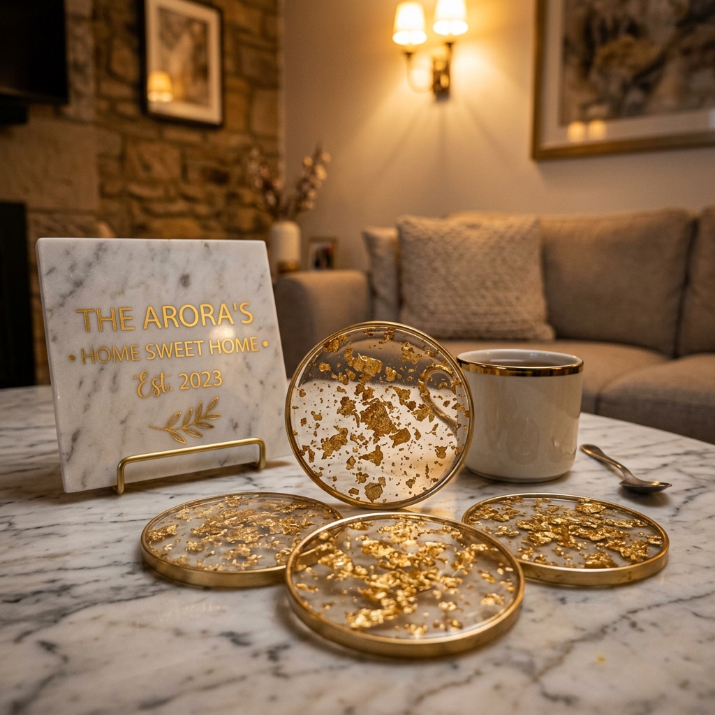 Close up shot of handcrafted gold leaf resin tea coasters and a modern customized housewarming plaque placed on an elegant Indian marble living room coffee table with warm ambient sconce lighting