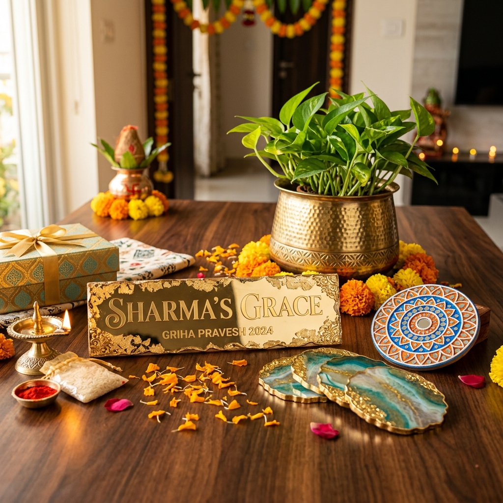 Luxury Griha Pravesh Indian housewarming gift hamper setup featuring a customized gold leaf resin nameplate, handcrafted Lippan mirror artwork, agate tea coasters, and a Vastu Money Plant in brass planter