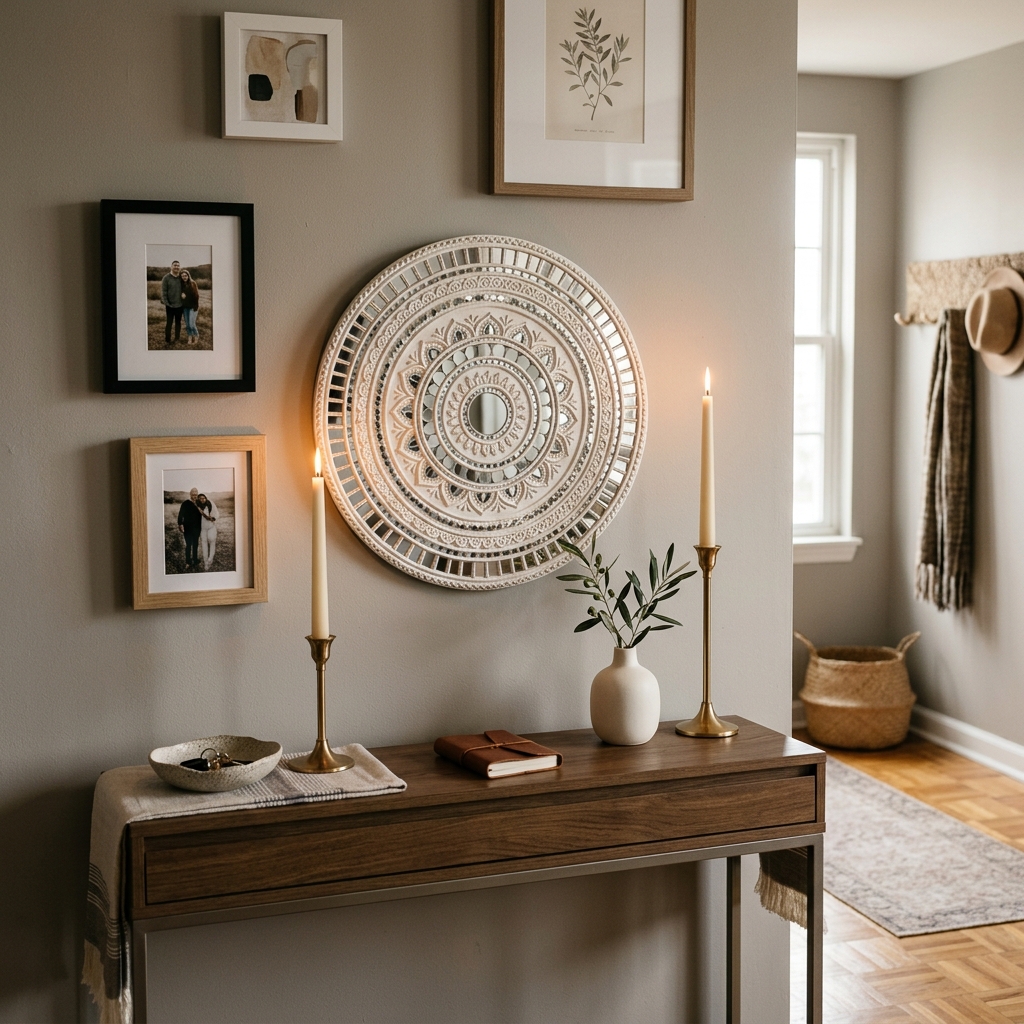 Entryway console table styled with a circular 3D Lippan mirror plaque centered 8 inches above table surface, flanked by candles and ceramic vase