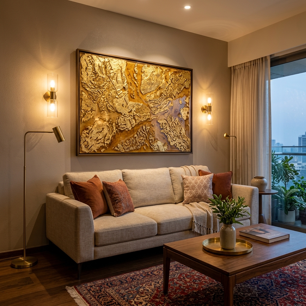Perfectly proportioned modern living room featuring a 3-seater sofa with a large statement gold leaf resin art panel mounted at 57 inches eye level, spanning two-thirds of sofa width