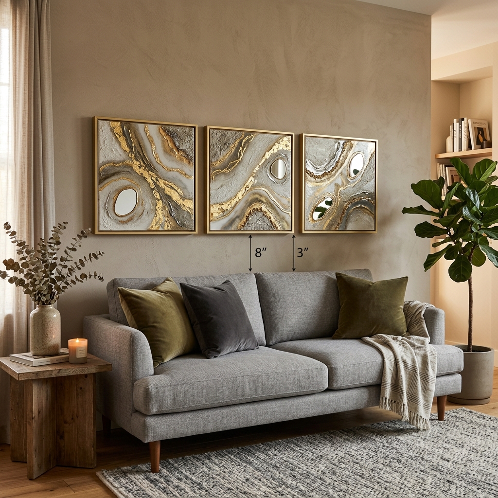 Triptych gallery set of 3 matching textured resin art frames hung 8 inches above sofa with 3-inch spacing between frames