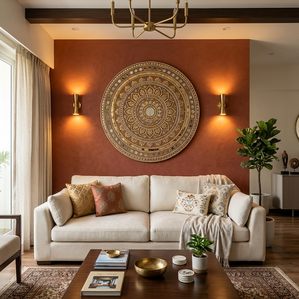 Perfectly proportioned handcrafted Lippan art circular medallion hung on wall behind sofa following 2/3 width rule with warm sconce lighting