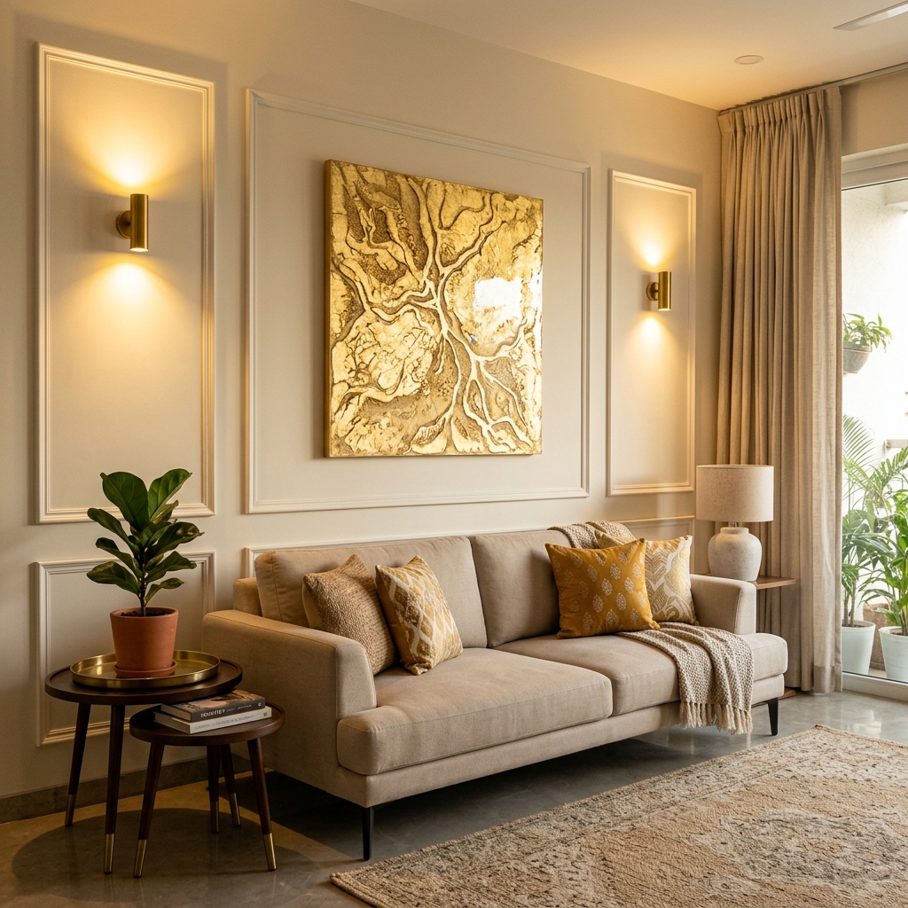 Luxurious modern Indian living room focal wall styled on a budget with white panel moulding, warm sconce lights, and a gold leaf resin artwork above a beige sofa