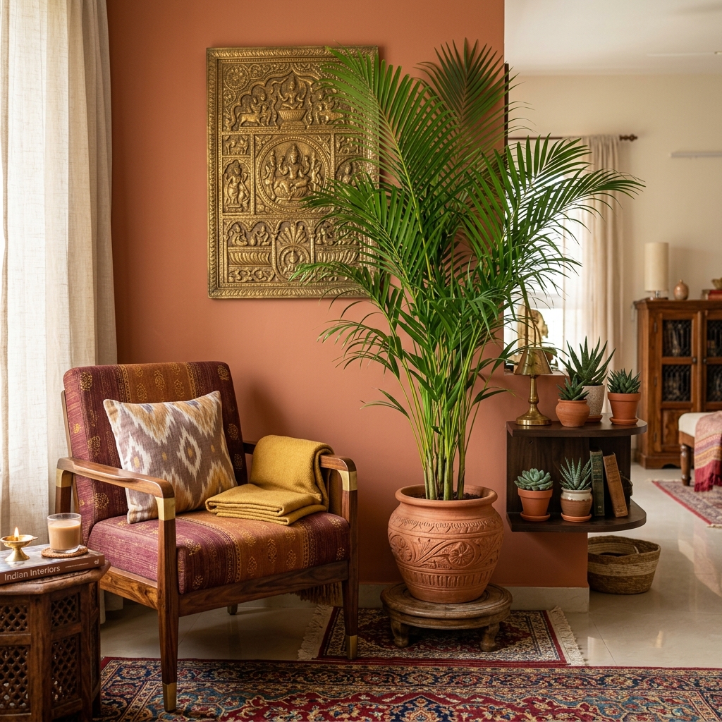 Cozy Living Room Corner Styled with Tall Areca Palm in Terracotta Pot