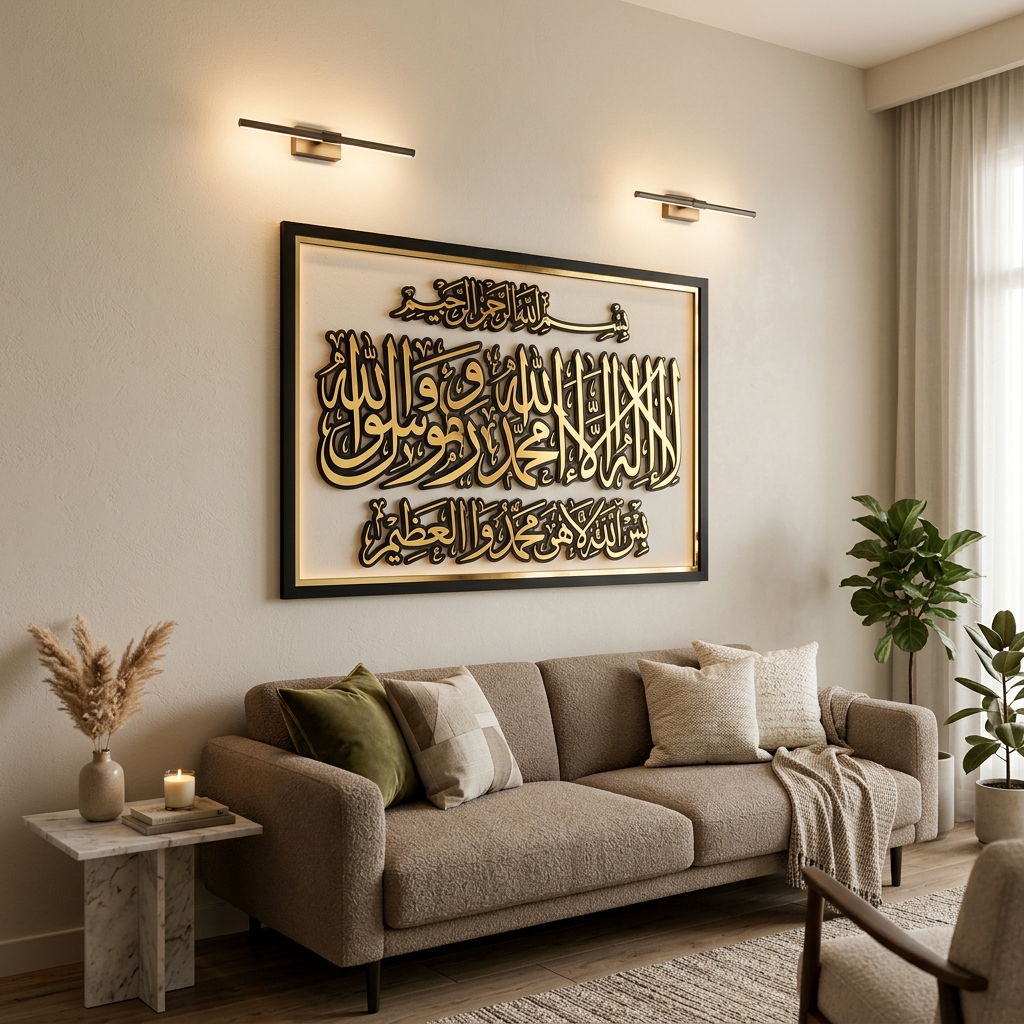 Serene modern living room featuring a large 3D gold and black acrylic Ayat-ul-Kursi calligraphy wall frame illuminated by warm sconces above a plush sofa