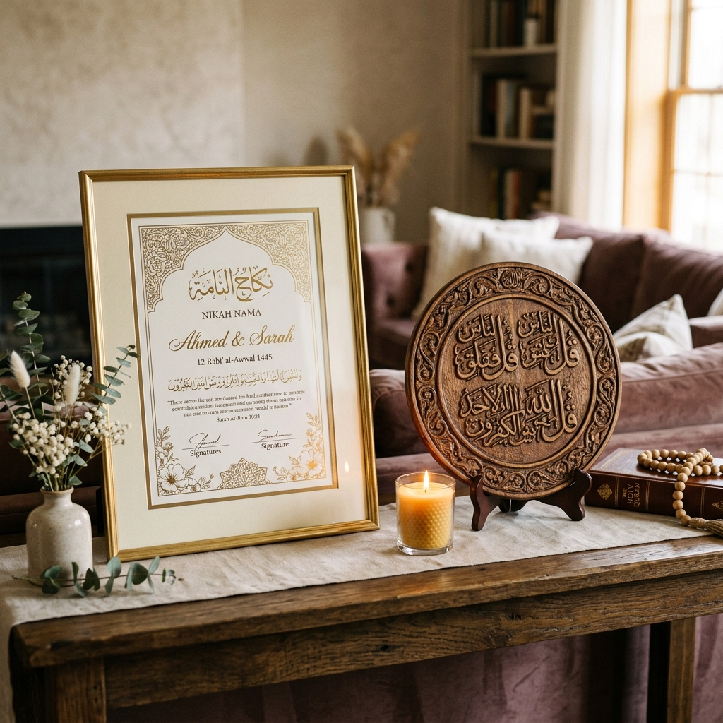 Preserved Nikah Nama certificate in gold glass frame alongside a round 3D wooden 4 Qul plaque on a console table with candle