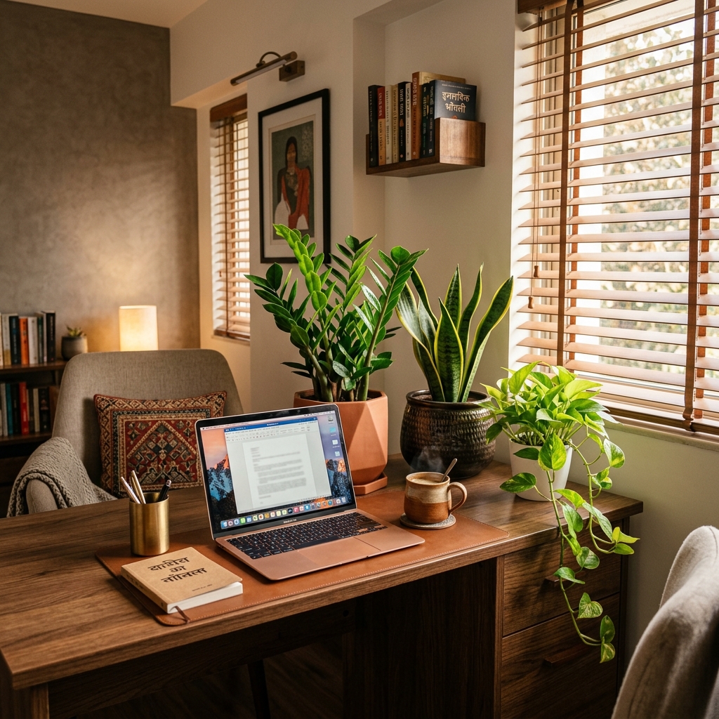 Cozy Indian Apartment Study Nook with Beginner Low Maintenance Plants