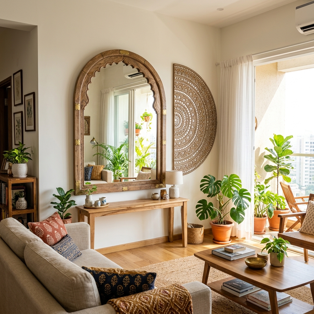 Bright modern Indian apartment living room with a large arched wooden mirror and handcrafted Lippan medallion reflecting natural window light