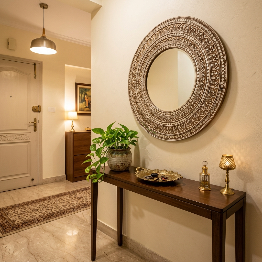 Entryway foyer styled with a round Lippan shisha mirror above a slim wooden console table with Money Plant and brass dish