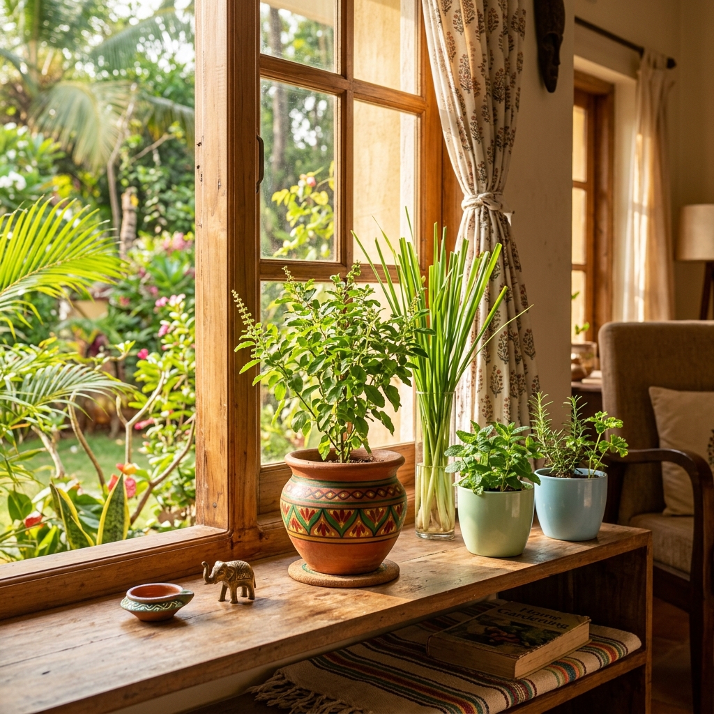 Sunlit Indian living room window sill styled with lush Tulsi, Lemongrass, and Mint ceramic planters