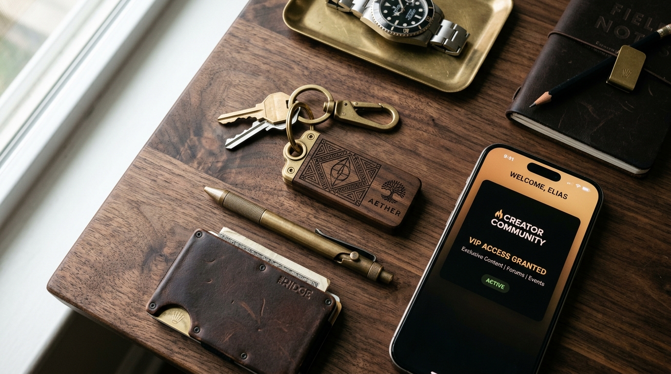 Artisan engraved wooden Smart Keychain resting on walnut desk everyday carry tray next to brass pen, leather wallet, and phone screen displaying VIP creator community access