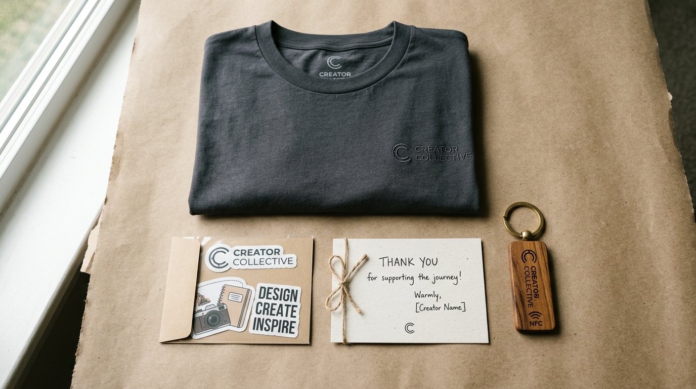 Flat lay studio comparison showing folded dark heather grey creator t-shirt next to craft paper stationery and laser engraved teakwood NFC smart keychain