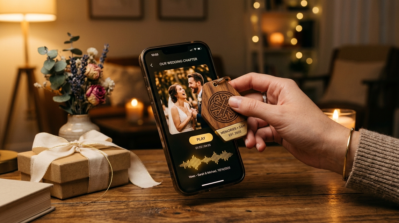 Handcrafted teakwood and brass smart keychain resting on wooden table by candlelight, being tapped against an iPhone displaying a glowing wedding audio memory player