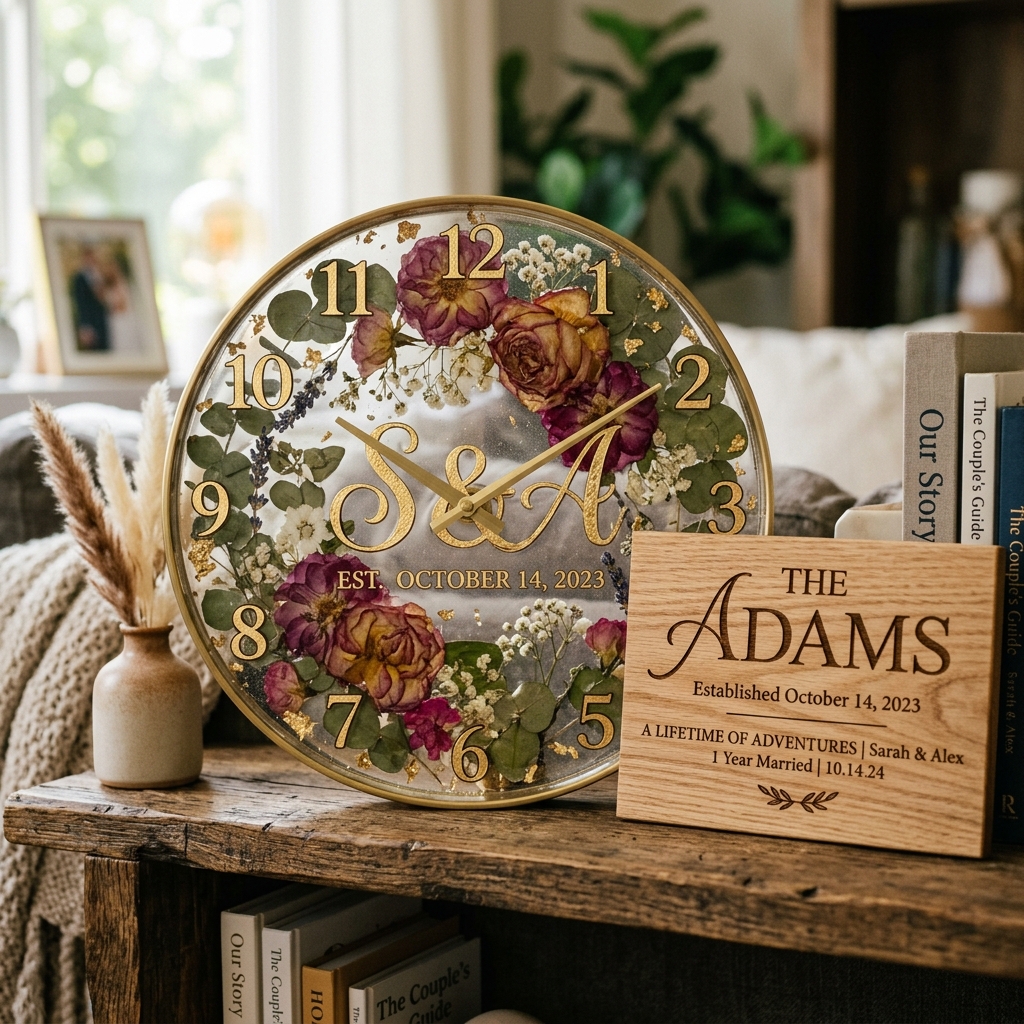 Close up shot of a handcrafted resin wall clock embedded with dried wedding garland flowers and gold leaf lettering placed next to a personalized wooden milestone plaque on a living room shelf