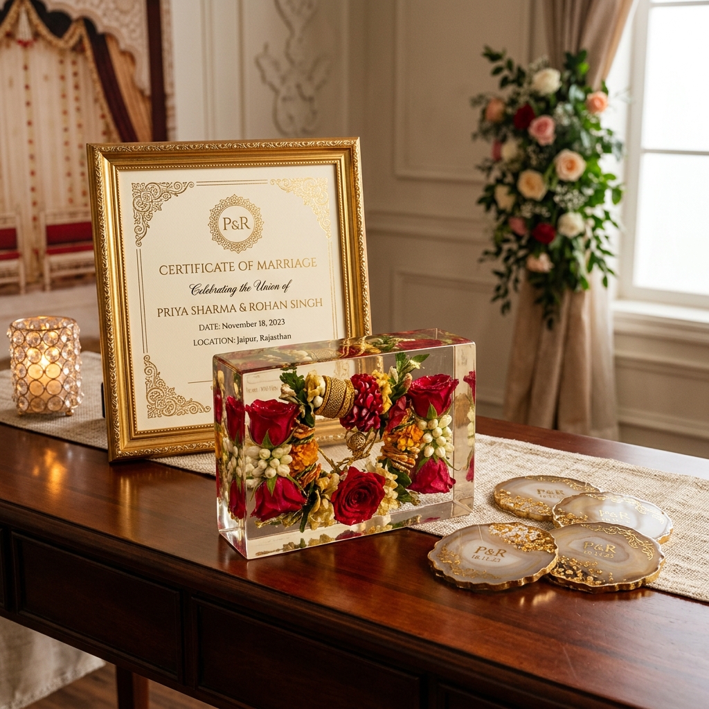 Luxury wedding keepsake hamper display featuring a crystal clear epoxy resin block preserving fresh red and gold Varmaala wedding garland flowers paired with a gold framed personalized wedding plaque