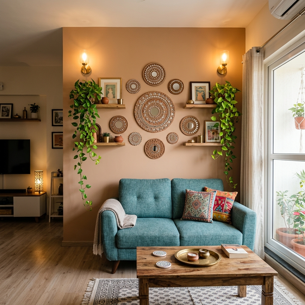 Stylish compact Indian rental apartment living room wall with damage-free floating wooden ledges, lightweight handcrafted Lippan mirror artwork, and warm lighting