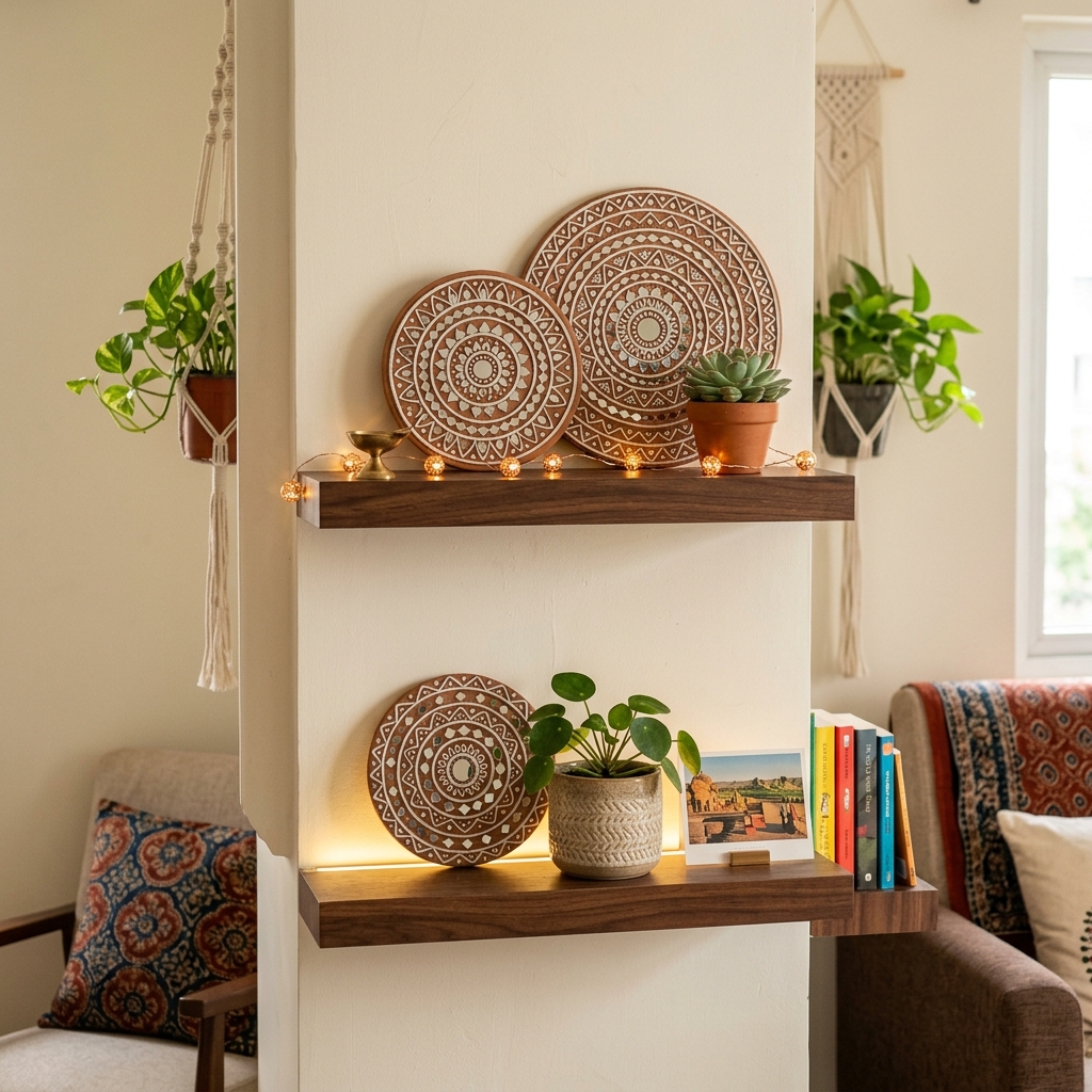 Vertical wall decor corner in a small Indian flat with floating ledges, handcrafted Lippan mirror plaques, and small succulent pots with warm backlighting