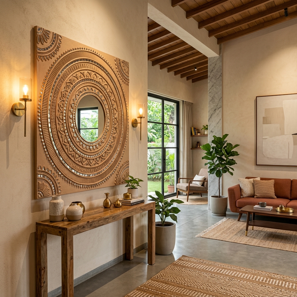 Modern Indian living room displaying a comparison between 3D Lippan mirror clay artwork catching warm side sconce lights and a minimalist interior backdrop