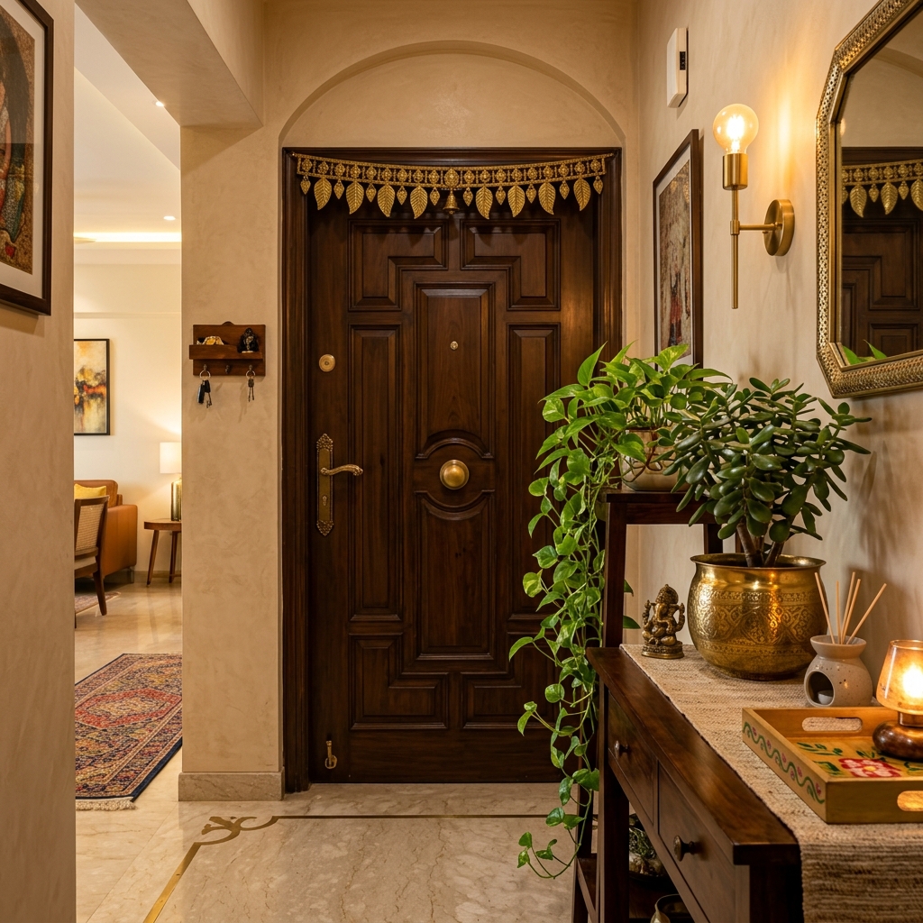Vastu Compliant Indian Apartment Main Entrance Console with Jade and Money Plant