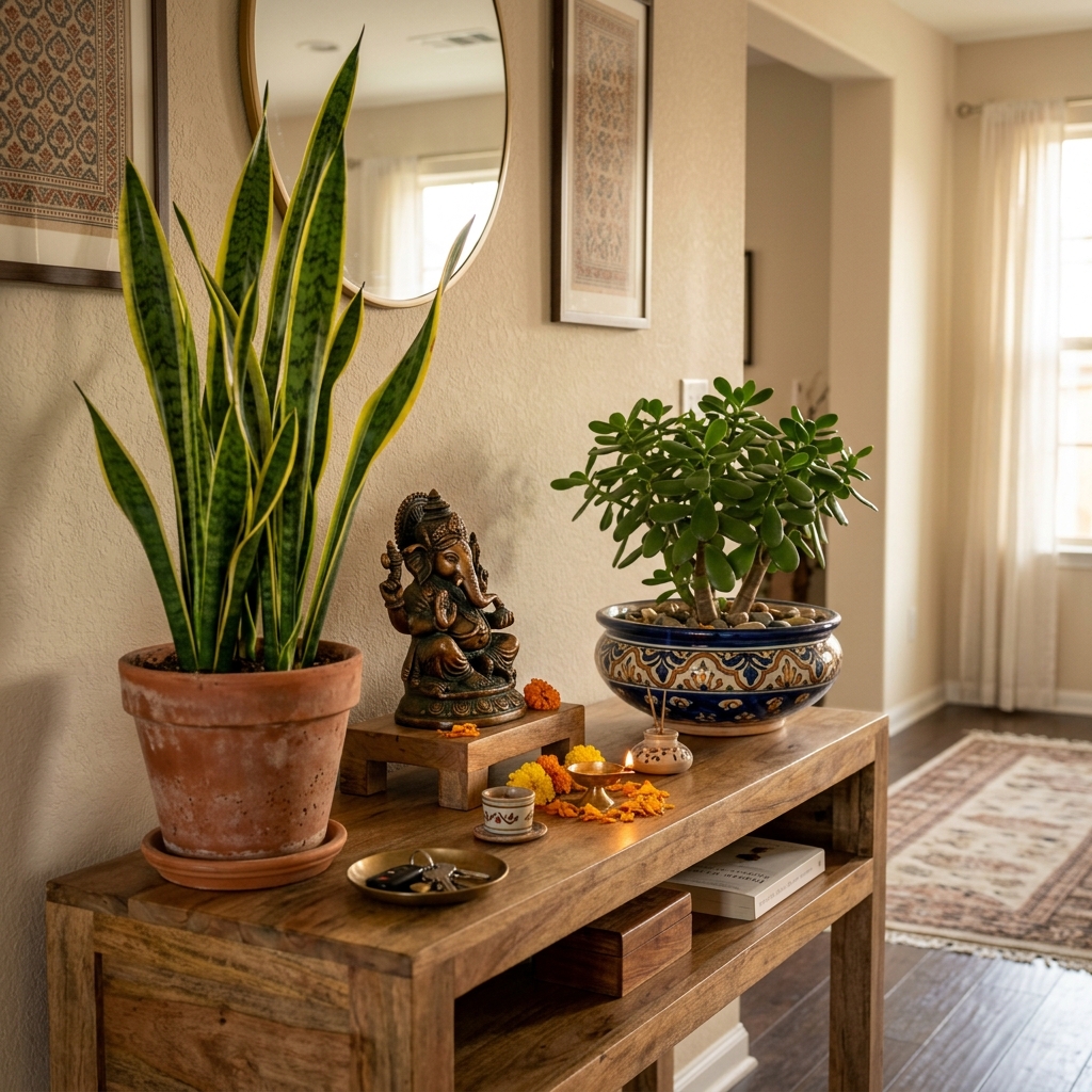 Entryway Console Table with Ganesha Idol, Snake Plant and Jade Plant